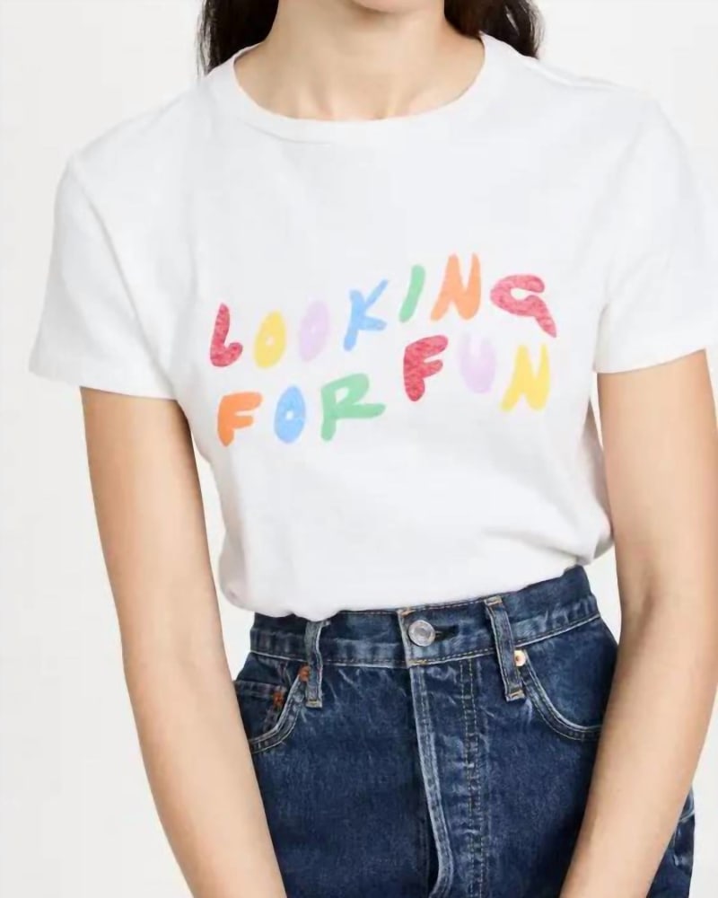 Front of a model wearing a size L Classic Looking For Fun Tee in Vintage White in Vintage White by RE/DONE. | dia_product_style_image_id:334496